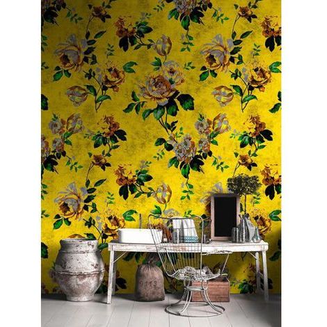 Papier peint panoramique floral jaune Tapisserie panoramique fleurie vintage salon Papier peint panoramique motif fleur pour couloir (1/3)