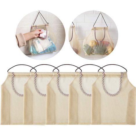 Sac de rangement filet respirant pour légumes et fruits, lot de 5, idéal pommes de terre, oignons, ail, sac à provisions mailles fines, conservation aérée, format pratique. (1/5)