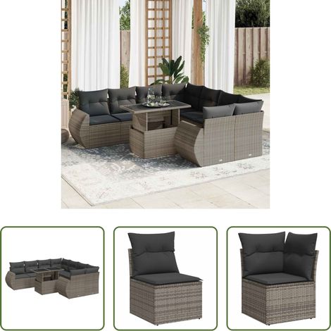 vidaXL Meuble extérieur - Salon de jardin 9 pcs avec coussins gris résine tressée (1/5)