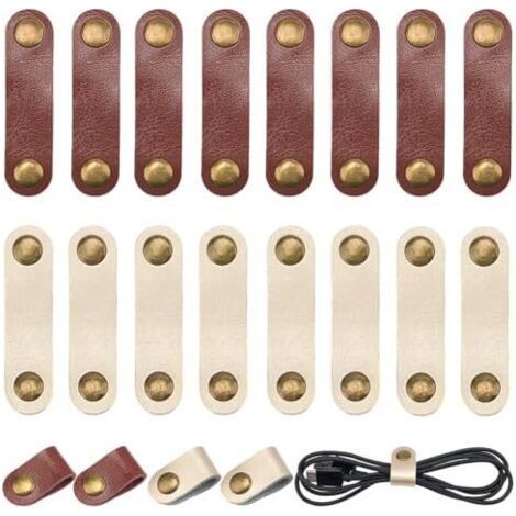 FENOPLASTICA30 Serre Câbles en Cuir de Vache Véritable Sangles Rangement pour Cordons USB Multifonctions et Réutilisables avec Bouton Pression Voyage Maison Bureau Téléphone (Blanc) Marron Brownwhite  (1/5)