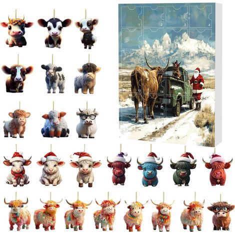 Calendrier de l'Avent 24 jours Noël Highland Cow Pendentifs Charme Animaux Calendrier de l'Avent 24 jours déco vache Pendentifs charme animal en acrylique pour arbre, fenêtre, porte (1/5)
