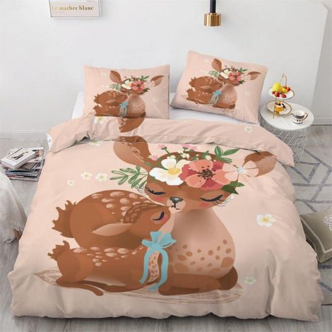 Bettwäsche-Set 200x200 cm mit 2 Kissenbezügen 80x80 cm, 3D Hirsch-Motiv, Mikrofaser