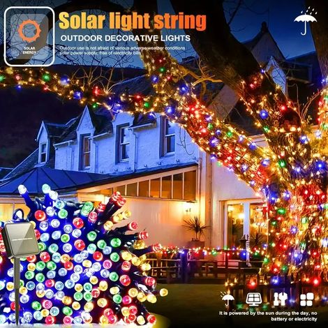 Guirlande lumineuse solaire LED (30 LED, 6,5 m, multicolore) idéale pour Noël en extérieur : jardin, terrasse, balcon. 8 modes d'éclairage, étanche, effet scintillant. (1/5)