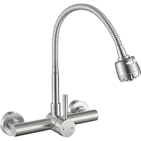Robinet de cuisine mural avec entraxe de 20 cm (8 pouces), douchette flexible, mitigeur en acier inoxydable à double fonction, robinet d'évier Unility en nickel brossé (1/5)
