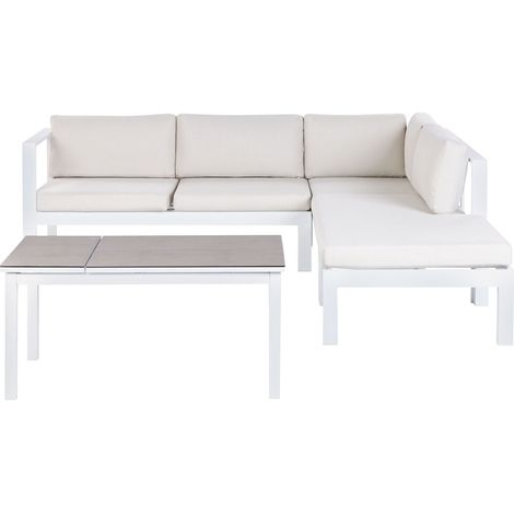 Set da giardino divano 5 posti e tavolo elevabile con struttura bianca e piano in vetro e cuscini bianchi color crema Messina