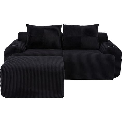 Canapé modulable 2 places en tissu velours côtelé noir avec repose-pieds, porte-gobelet et poche latérale (1/5)