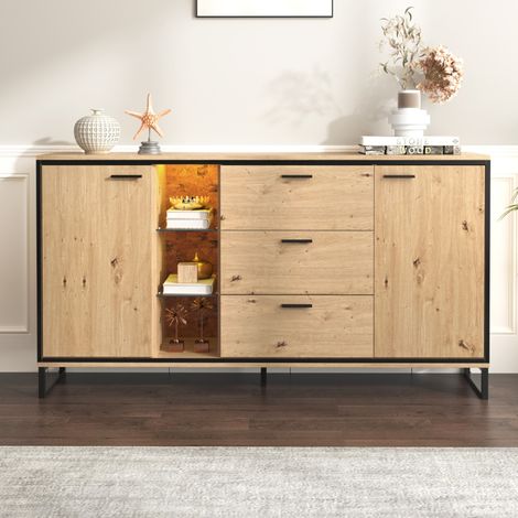 Buffet 160 cm, avec trois tiroirs et deux portes, compartiments de rangement, style moderne en bois, adapté au salon et à la cuisine - Couleur bois (1/5)