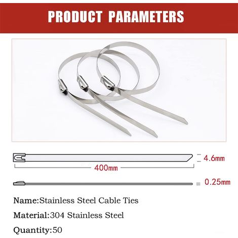 serre câbles métalliques en robustes 4,6 x 400 mm Lot de 50 Acier inoxydable Acier (1/5)