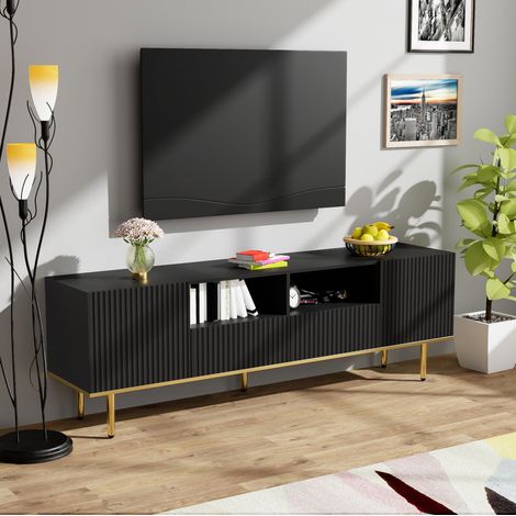 Mobile TV 165 x 36 x 55 cm in pannelli di legno nero e oro, con contenitori, FloraGrace (1/5)