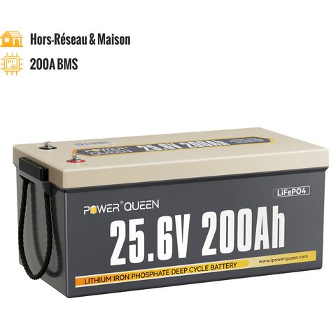 Power Queen – Batterie lithium 24V 200Ah 5120Wh LiFePO4 – BMS 200A – 4000-15000 cycles – Pour systèmes solaires et hors réseau – Dimensions L520xP269xH220mm