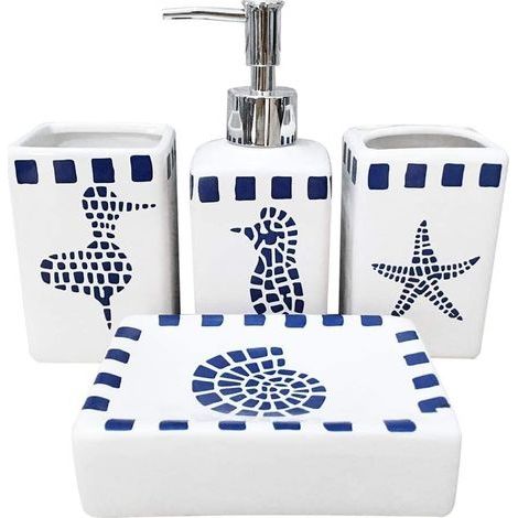 Lot de 4 accessoires de salle de bain en céramique - Design moderne - Bouteilles de lotion, porte-brosse à dents, gobelet, distributeur de savon (créatures aquatiques) (1/5)