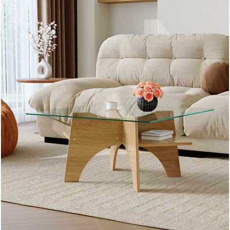 MODFU – Tavolino 80x80x40 cm in vetro/MDF effetto legno chiaro con piano in vetro di sicurezza, ripiano inferiore e carico 120 kg – Legno (1/5)