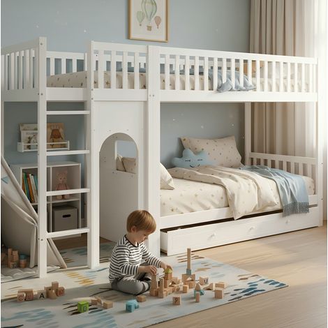 Letto a castello per bambini in legno massello e MDF bianco e naturale, 90x200 cm, con scaletta dritta e sponde di protezione. (1/5)