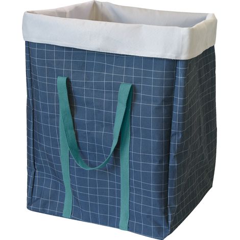 Panier à linge - Poignées en tissu - Imprimé quadrillé - Bleu - 40x30x50 cm - 60 litres - Polyester (1/3)
