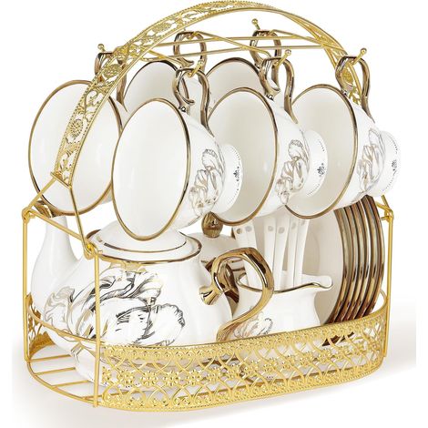 21 Pièces Service à Thé en Porcelaine, Service à Thé d'or Floral avec Bord d'or, Tasse à Café et Soucoupe Ensemble avec Cuillère Stand pour les Femmes de Mariage (1/5)