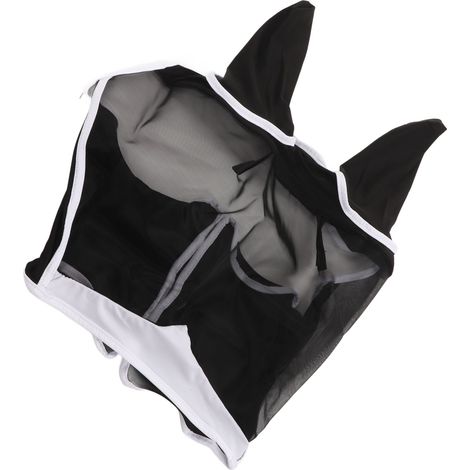 Masque anti-mouches cheval en filet aéré, protection solaire UV, bandeau élastique avec oreilles amovibles, couleur noir. (1/5)