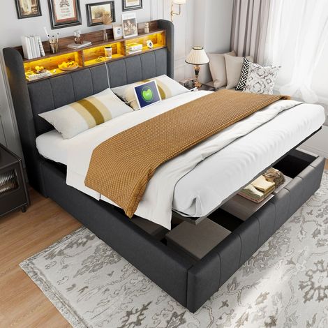 Lit Coffre 160x200cm - Lit Adulte 160x200 - Lit Double Rembourré avec Tête de Lit Étagère LED et Prise USB - en Lin Gris (1/5)