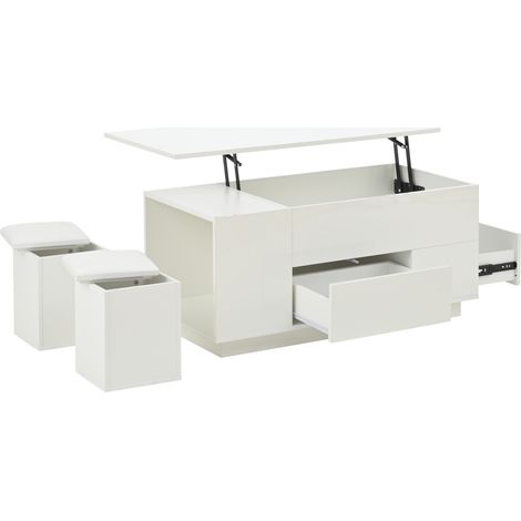 Tavolino da salotto elevabile 100 x 50 x 45 cm con LED, 2 cassetti e 2 sgabelli, bianco HOMVRA (1/5)