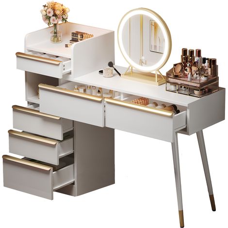 Tavolo da Trucco 100x41.5x102 cm, Estensibile, Specchio LED 3 Temperature, Cassetti Capienti, Bianco Truciolato