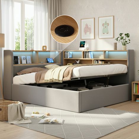 Lit coffre banquette 140x200 cm avec rangement hydraulique, LED et ports USB/Type-C, sommier à lattes, velours gris (1/5)