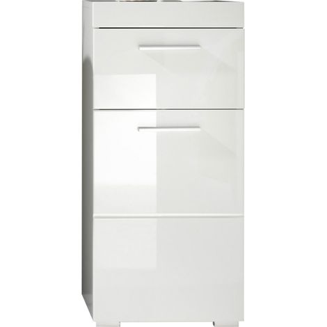 AmandaMando Armoire de rangement pour salle de bain, 1 porte, 1 tiroir, blanc, blanc brillant. (1/5)
