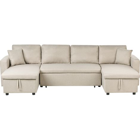 Sofá esquinero tapizado en tela beige en forma de U 5 plazas con almacenamiento Sommen (1/5)