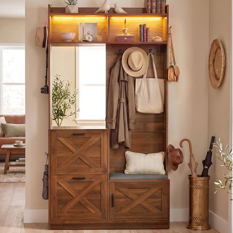 Garde-robe compacte en noyer avec miroir, crochets, LED et banc, 100x25x180 cm (1/5)