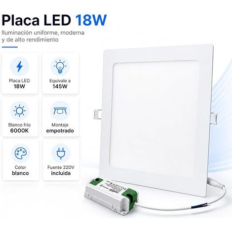 Spot LED carré encastrable 18W, blanc 6000K. Dimensions : 22,5 cm. Pour la maison, le bureau, le couloir, le salon ou la chambre. Alimentation et transformateur inclus. (1/4)