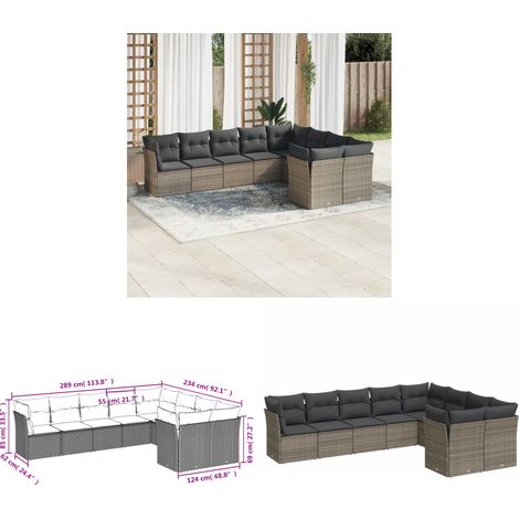 9-tlg. Garten-Sofagarnitur mit Kissen Grau Poly Rattan - Gartenmöbel - Rattan Möbel - Lounge Set - Esszimmergarnitur - Terrassenmöbel - Home & Living (1/3)
