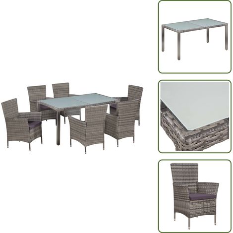 The Living Store Set da Pranzo per Esterni 7 pz con Cuscini in Polyrattan Grigio - Tavolo da pranzo in vetro