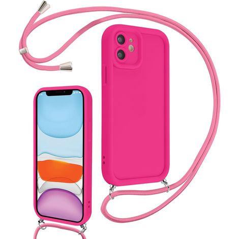 Coque pour iPhone 11 6,1" avec Cordon de Collier Réglable, Etui Protection de la Caméra Silicone Souple TPU Antichoc Housse avec Corde Lanyard Cover pour Femmes Filles, Rose Rouge (1/5)