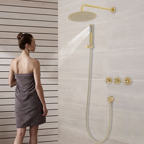 Ensemble de douche moderne, kit de douche de 10 pouces avec douchette à main – fixation murale, doré, rond (1/5)