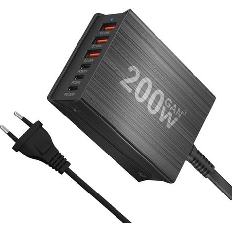 Station de Charge 200 W 6 Ports Hub Compact GaN Chargeur de Bureau Adaptateur Secteur USB C Chargeur pour Téléphones Prise UE (1/5)