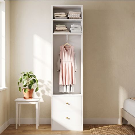 Armoire étroite 50x30x200 cm avec penderie ouverte, 2 tiroirs et étagères, MDF blanc pour chambre (1/5)
