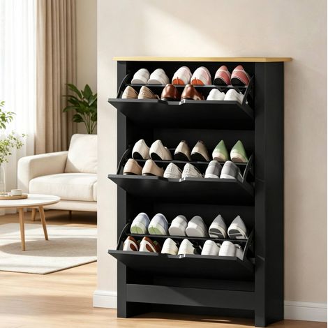 Scarpiera 72 x 26 x 112 cm, 3 ante ribaltabili, nero e legno chiaro HAVRYA (1/4)