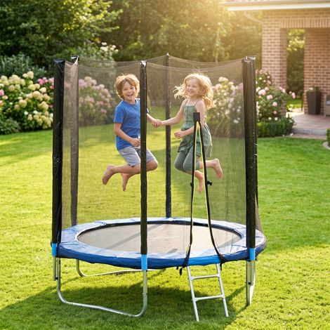 Trampoline avec échelle et filet de sécurité, acier et plastique, Ø180x200 cm, bleu (1/5)