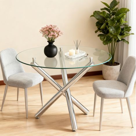 table manger ronde en verre trempé, piétement métal OKMYHOME (1/5)