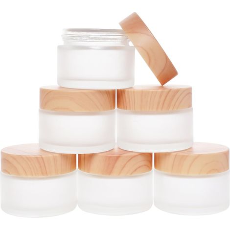 Set di 6 contenitori cosmetici in vetro con coperchio effetto legno, vasetto cosmetico ricaricabile, contenitore per crema in vetro satinato con coperchio a tenuta stagna. (1/5)