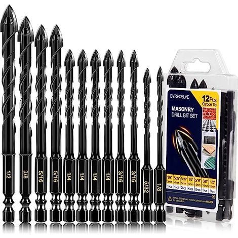 Lot de 12 forets à béton et maçonnerie - 1/8 à 1/2" - Forets croisés en carbure de tungstène de résistance industrielle - Pour carrelage, verre, ciment, mur de brique, plastique, bois, etc. (1/5)