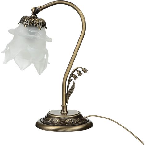 Tischlampe Glasschirm Weiß Echt-Messing Floral