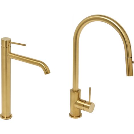 Aurum set mitigeur lavabo haut en acier inoxydable + mitigeur cuisine avec douchette extractible, or brossé (SATBA286BG)