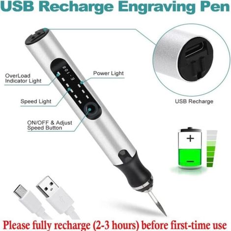 Stylo Graveur Électrique, Outils de Gravure USB Rechargeable, Multifonction Mini Stylo de Graver Pour Bricolage Bijoux Métal Verre Pierre Plastique (1/4)