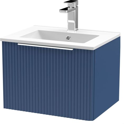 Tixall Fluted 1 Drawer Wall Hung Vanity Unit with Minimalist Basin, Satin Blue, 500mm