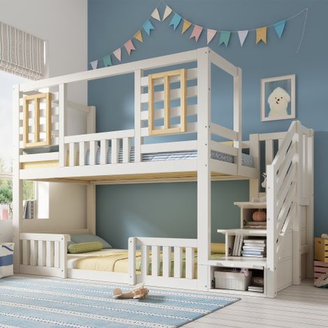 Letto a castello bianco 90x200 cm stile cabina con finestre in legno e armadio a muro nella scala, letto per 2 bambini, rete a doghe inclusa, norma EN 747, materasso non incluso.