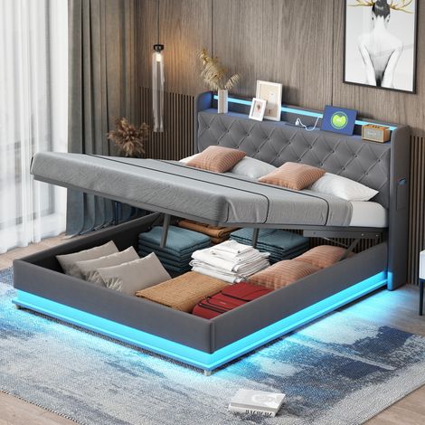 Bett Doppelbett Stauraum 160x200 Polsterbett Grau OKMYHOME