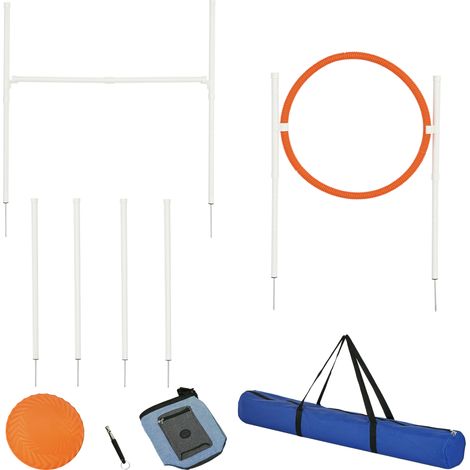 Ensemble d'agilité 5 pièces comprenant haie, anneau de saut, frisbee, hauteur réglable et sac de transport. (1/5)