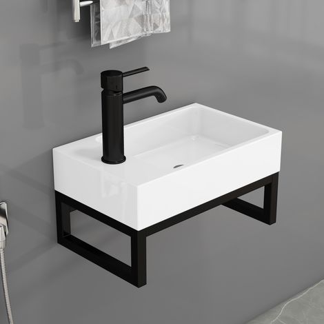 Lavabo mural compact carré, vasque lave-mains pour WC invités et petite salle de bains, avec trou de trop-plein, structure stable et installation gain de place – CHICFURN (1/5)