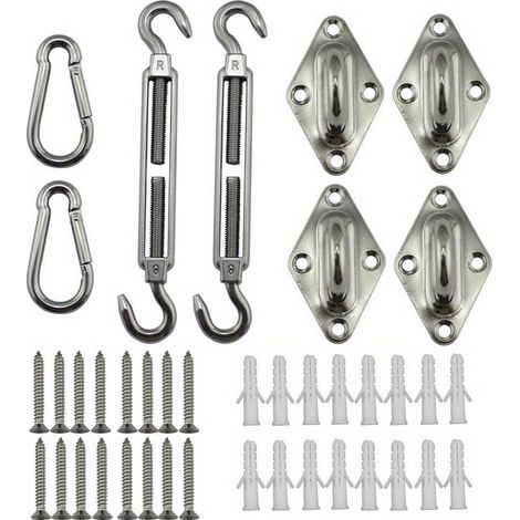1 lot de 40 accessoires pour auvent de voile d'ombrage en acier inoxydable 304 - Kit de quincaillerie pour tendeur - Œil - Mousqueton - Vis argentées (1/4)