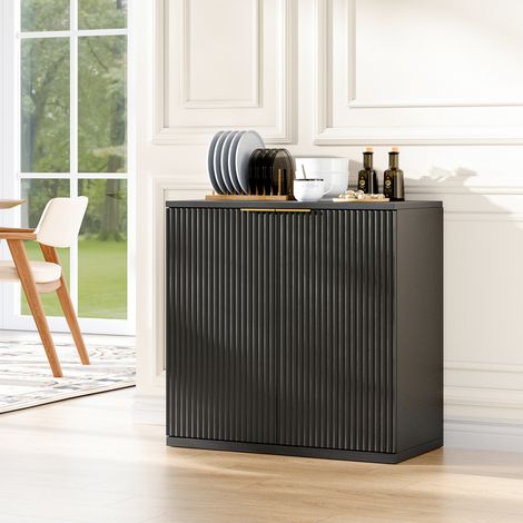 Buffet Bas de Cuisine et Salon 80cm - Meuble de Rangement en MDF avec 2 Portes Cannelées Plissées, Poignées en Métal Doré, Style Scandinave Chic - 80x40x80cm - Noir (1/5)