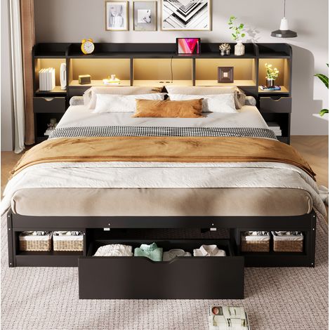 Lit 180x200 cm en MDF noir avec rangement pour chambre, sans matelas – MEUBLIV (1/5)